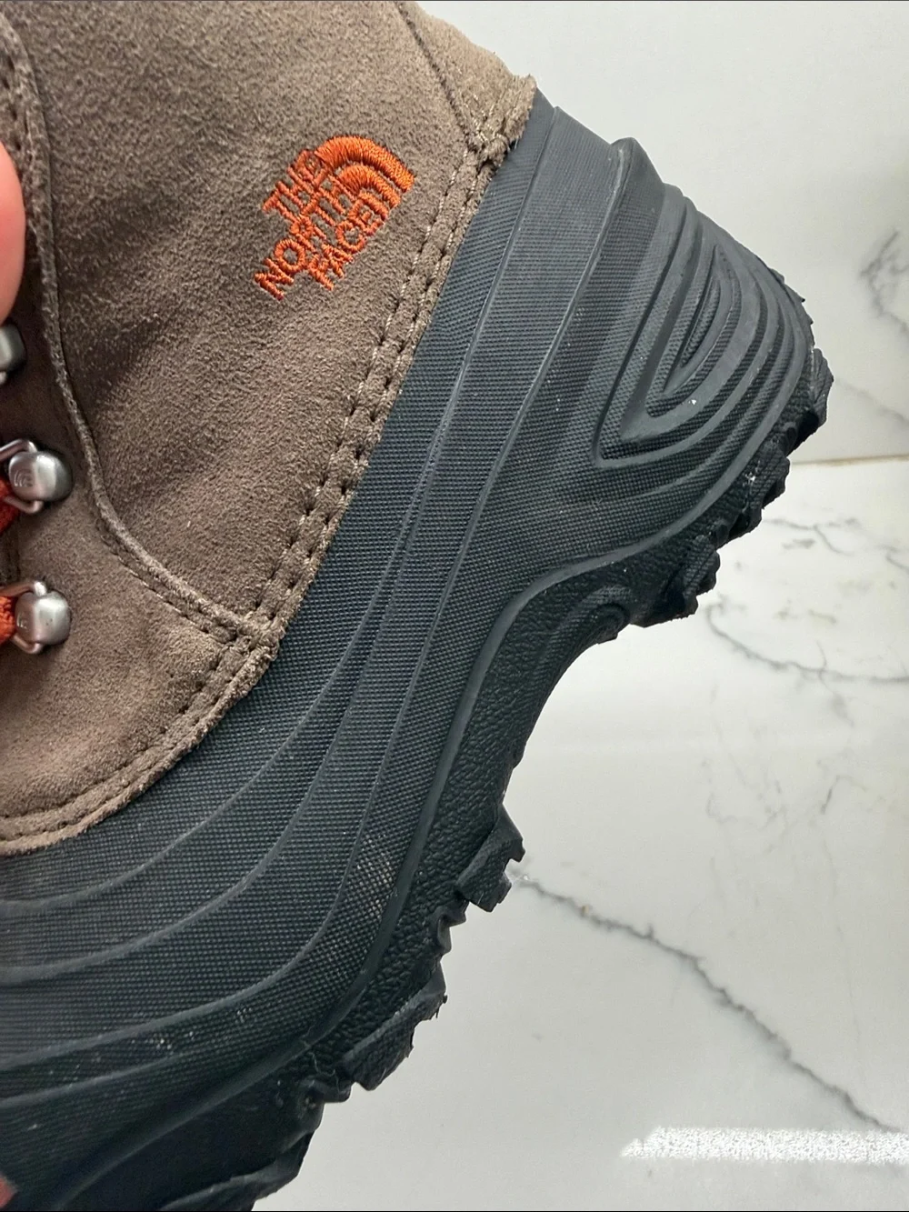 The North Face Brown Suede Kids Boots with Orange Laces
